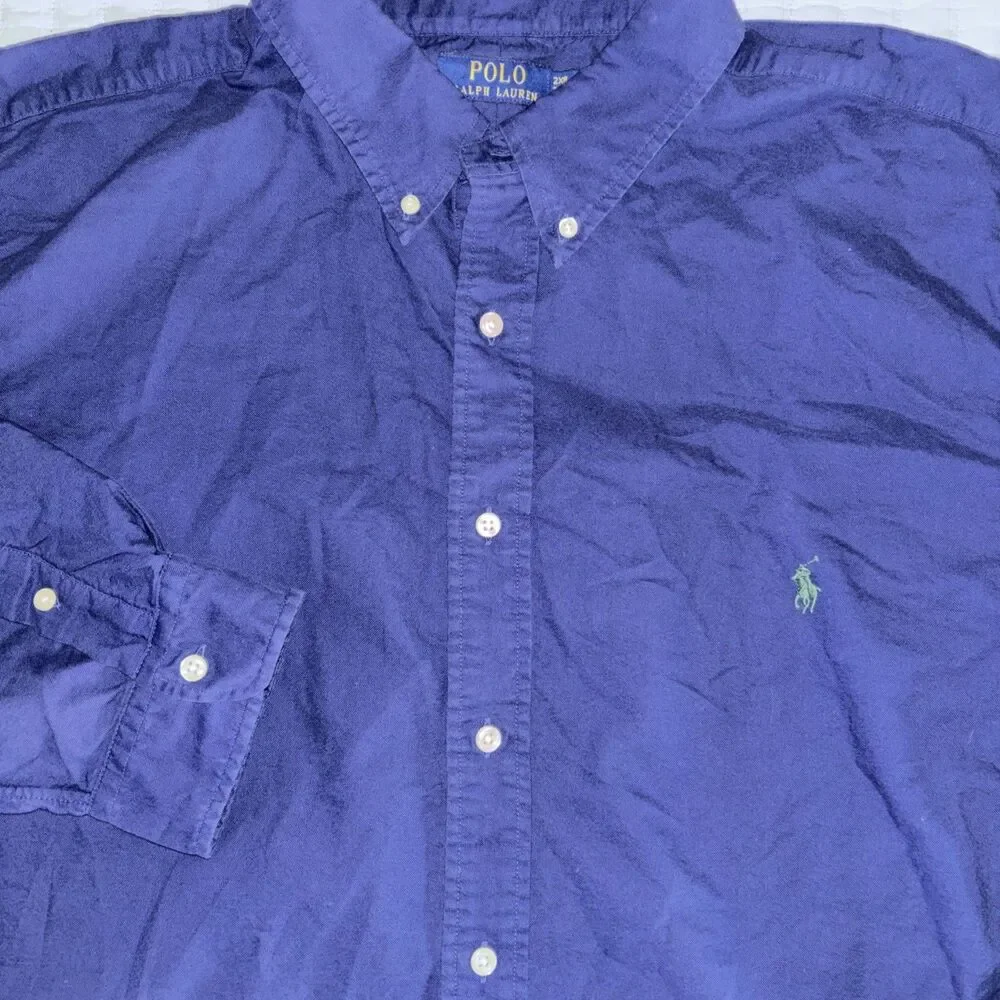 Polo Ralph Lauren Shirt Mens 2XLB Blue Button Up Indigo Green Pony Cotton